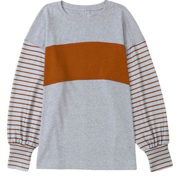 Long Sleeve Crew neck color block shirt bishop sleeve top - Picture 1 of 7